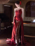 Wine Red Satin and Sequins Long Strapless Party Dress, Wine Red Long Evening Dress